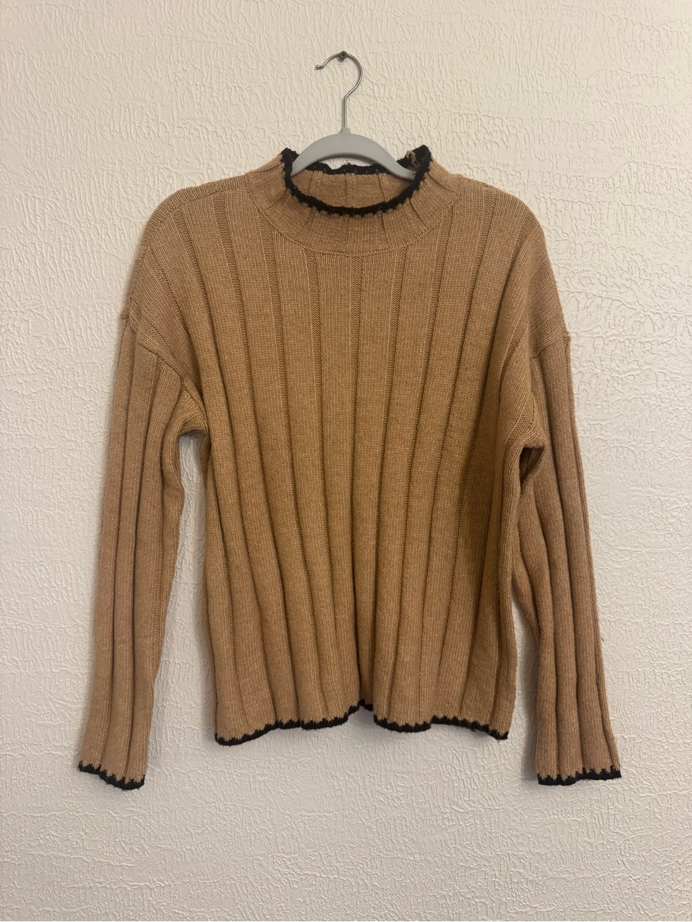 Maurices Camel Ribbed Crewneck Sweater with Black Trim